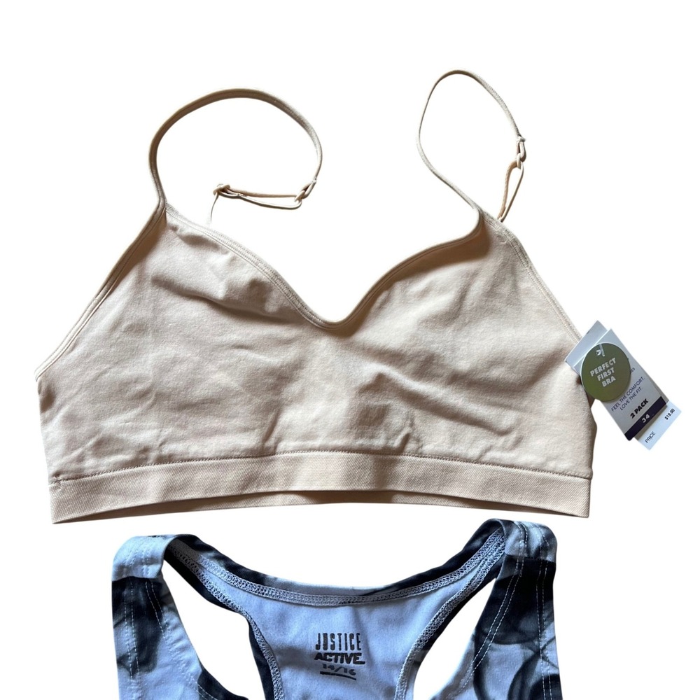Justice Girls Bra Set 2 Pack Tan Seamless Bralette & Marble Racerback Sports Bra - Picture 2 of 6
